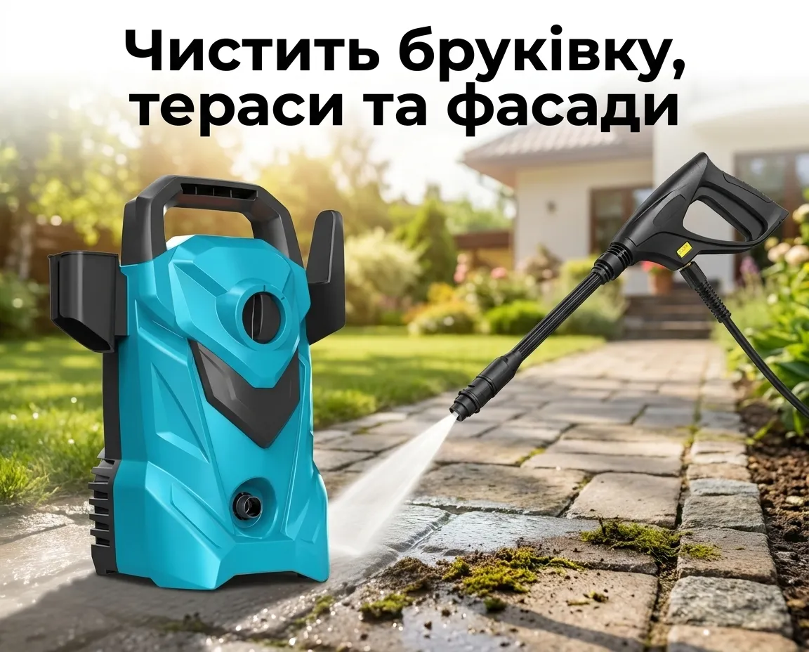 Чистить бруківку, тераси та фасади